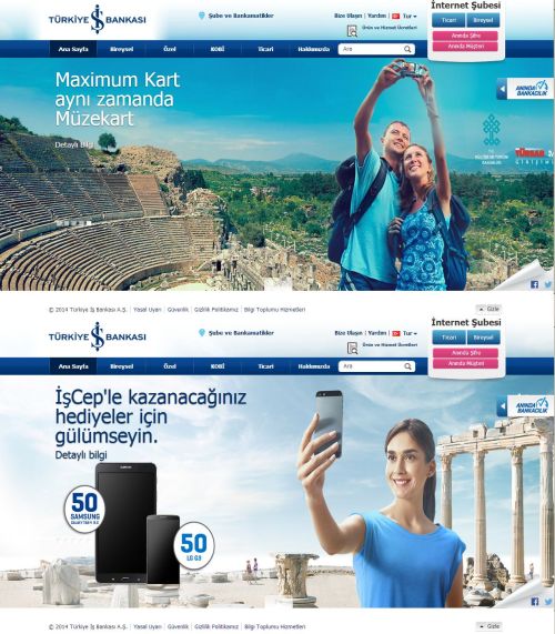 İş Bankası'nın aynı gün yayında olan iki ayrı anasayfa görüntüsü. "Türkiye'de kültür ve turizm deyince akla Yunan kalıntıları gelir."